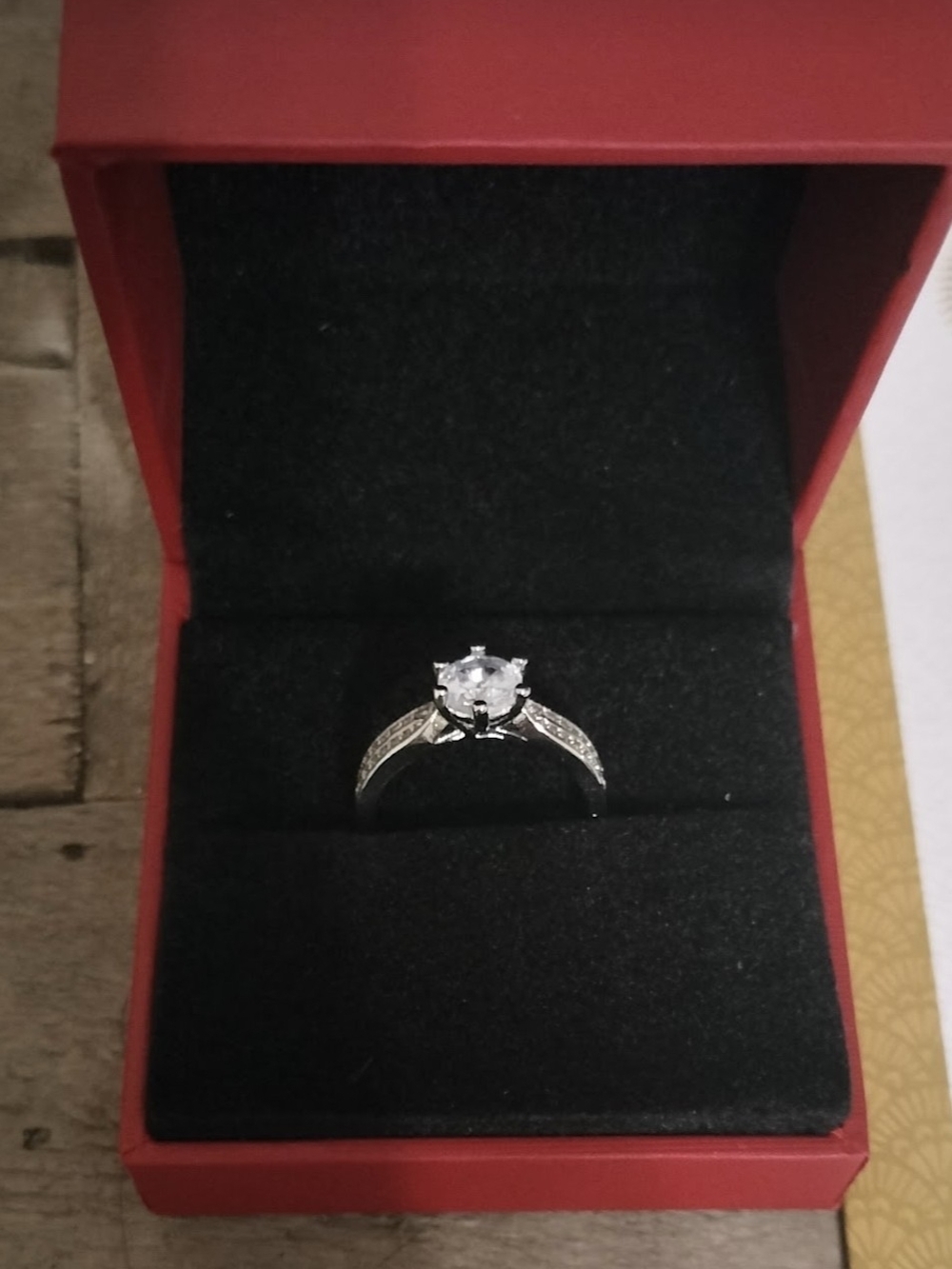 Silver Solitaire CZ Engagement Ring with Accent Stones - Silver